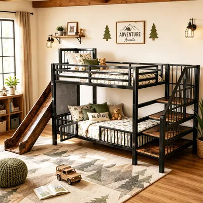 Image de Lit superposé en métal, dimensions 90 x 200 cm, avec toboggan, escalier avec rangement, barrière de sécurité amovible et étagères intégrées, idéal pour les chambres de garçons et de filles