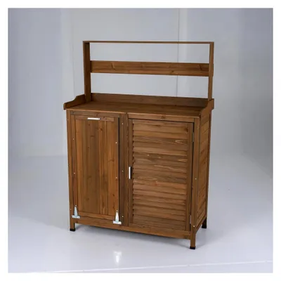 Produktbild von Wetterfester Pflanztisch für den Außenbereich, Gärtnertisch aus Holz mit Unterschrank, Abfalleimer und verstellbarem Regal, Gärtnertisch für Garten, Terrasse und Hof, 102 x 43,5 x 152 cm, Natur