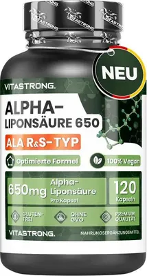 Produktbild von Alpha Liponsäure mit Zink Hochdosiert 650mg, Optimierte Formel von S und R Alpha Liponsäure, Alpha Lipoic Acid ALA 100% Vegan, 120 Gluten- und GMO-freie Alpha-Liponsäure Kapseln, Vitastrong Qualität