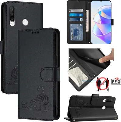 Produktbild von Leder Hülle für Huawei P30 Lite Süße Katze Flip Case Brieftasche Schutzhülle mit Standfunktion Schwarz