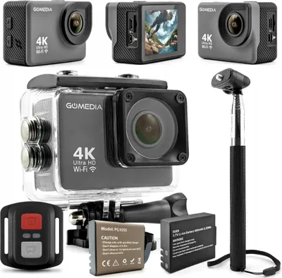 Obrázok produktu pre Športová kamera Gomedia V-30 4K 30FPS s Wi-Fi, príslušenstvo a monopod, hmotnosť 150 g, batéria 900 mAh
