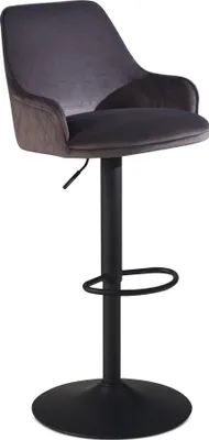 Barhocker Samt Grau höhenverstellbar mit grauem Samtbezug und schwarzem Metallfuß in Gesamtansicht.