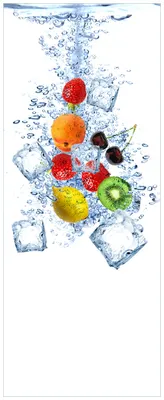 Produktbild von Wallario Wandbild aus Acryl, 200 x 80 cm, freischwebende Optik - Obst-Eiswürfel-Mix im Wasser mit weißem Hintergrund