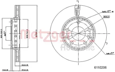 Produktbild von 2x METZGER Bremsscheibe 6110206 vorne für RENAULT MEGANE III Grandtour (KZ0/1)