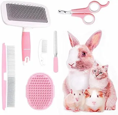 Produktbild von Pflegeset für kleine Tiere, mit Haustier-Ausfallbürste, Bade-Massagehandschuh, Haustier-Pflegekamm, Nagelknipser für Kaninchen, Meerschweinchen, Welpen, Katze, Kätzchen, Hamster, Frettchen (Rosa)
