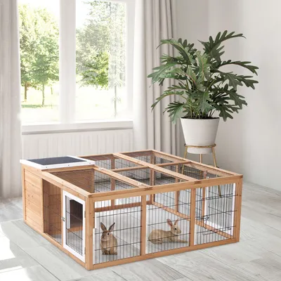Produktbild von SUGIFT Kleintierstall mit Freigehege, aufklappbares Dach, wetterbeständig, Tannenholz, Naturholz | 123 x 120 x 52 cm | für Kaninchen, Meerschweinchen