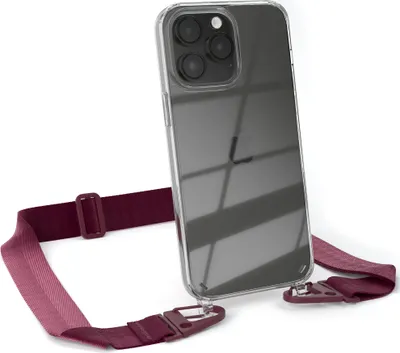 Produktbild von EAZY CASE - Hülle mit Band für Apple iPhone 14 Pro Max, Handyhülle mit Umhängeband, Silikonhülle transparent, Handykette in Rot