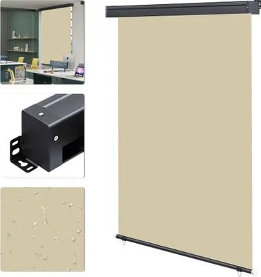 A collage showing a beige retractable side awning, a close-up of its motor mechanism, and a texture sample with water droplets.