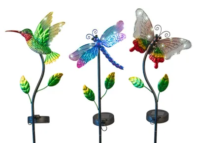 Produktbild von 3er Set Solarleuchte Gartenstecker LED Vogel Libelle Schmetterling