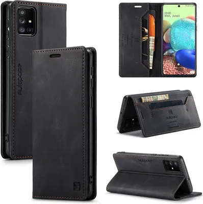 Produktbild von Galaxy A71 Brieftasche Hülle, Retro Kunstledertasche Stand Schutzhülle für Samsung Galaxy A71 Schwarz