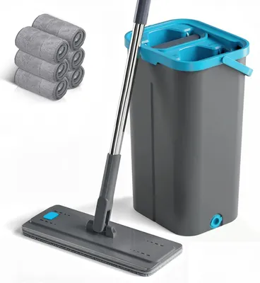 Produktbild von Flachmopp mit Eimer-Set, 6 Mikrofaser-Bezüge mit Wringpresse, 140 cm