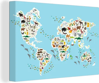 Obrázek produktu pro OneMillionCanvasses® - Obrazy na plátně - 140x90 cm, Mapa světa - Děti - Zvířata - Modrá - Chlapci - Dívky, Nástěnný tisk Nástěnná dekorace - Fotografie na plátně - Malba na plátně