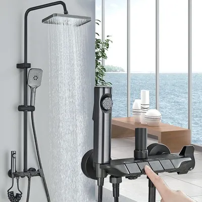 Produktbild von Schwarz Duschset mit 4 Tasten Duschsystem Regenbrause, Duscharmatur mit Sprühstrahl und Handbrause