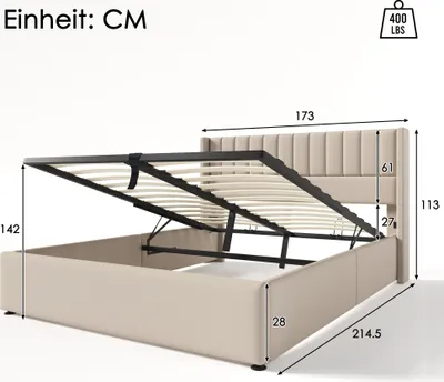 Image de Sweiko lit rembourré, lit double hydraulique, lit en bois massif avec tête de lit et sommier à lattes, lit de rangement, literie, beige, 160x200 cm (sans matelas)
