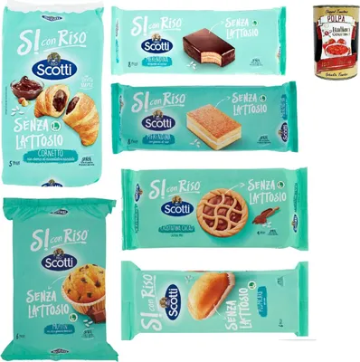 Produktbild von Riso Scotti, Si con Riso - Merendine Testpaket, Laktosefreie Croissants, Muffin, Plumcake Crostatine Kuchen Laktosefreie süßer Snacks, 7 Stuck + Italian Gourmet polpa 400g