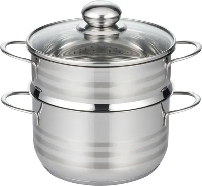 A stainless steel steamer pot with a glass lid and two tiers, shown against a white background.