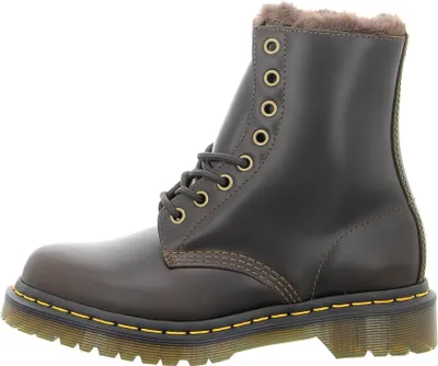 A single brown Dr. Martens boot shown from the side.