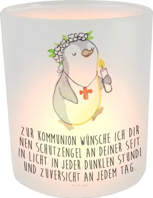 Produktbild von Mr. & Mrs. Panda Teelicht Pinguin Kommunion Mädchen - Transparent - Geschenk, Alles Gute, Windlicht Deko, Teelichtgläser, Konfirmation Geschenk, Windlicht Kerze, Gläubig