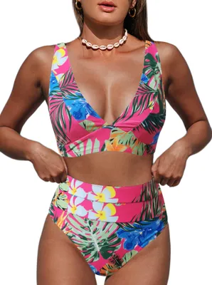 Immagine prodotto di Costumi da bagno bikini da donna Hilinker, motivo leopardo, scollo a V, vita alta, due pezzi