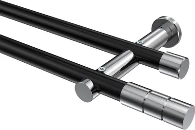 Produktbild von Interdeco Gardinenstange / Vorhangstange Schwarz / Chrom, Typ Platon Elanto (Rillenzylinder) ohne Ringe, 20 mm Ø 2-läufig, 180 cm