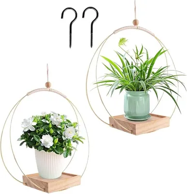 Produktbild von Moderner Hängepflanztopf mit Seil & Haken – Metall-Blumenampel mit Holzbasis, Ø 30 cm, für Wohnzimmer & Balkon