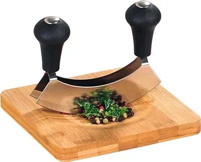 Image de KESPER Planche à découper les herbes avec couteau, 16 x 16 x 1,8 cm, acier/bambou KESPER 50646