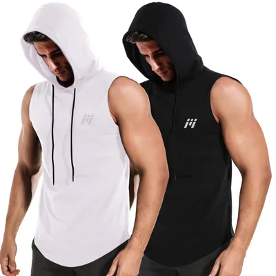 Produktbild von 2Stücke MEETWEE Herren Tank Top Sportshirt mit Kapuze Ärmelloses Muskelshirts Fitness Schwarz/Weiß S