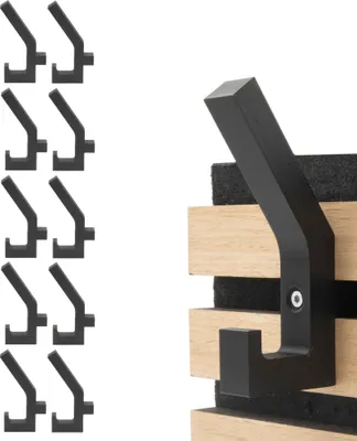 A product shot displaying multiple black coat hooks on the left and a close-up view of one hook mounted on a wooden and felt backing on the right.