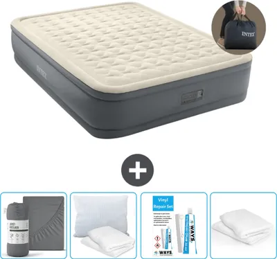 Produktbild von Intex Luftbett - 2 Personen - 152 x 203 x 46 cm - Grau - Inklusive Pumpe - Spannbettuch - Küssen - Reperaturset en Kissenschutz