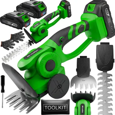 Image de Cisaille à haies électrique pour haies herbe arbustes 500W MalTec batterie 21V 129/220mm lames tête rotative incl. set d'accessoires