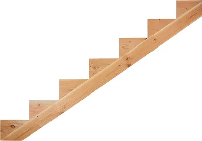 A wooden staircase stringer with multiple steps, isolated on a white background.