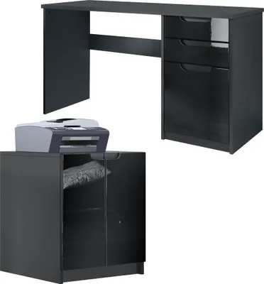 Produktbild von Vladon Büromöbel Homeoffice Set Paris,  Germany mit Druckerkommode und Schreibtisch, Schwarz matt / Schwarz Hochglanz