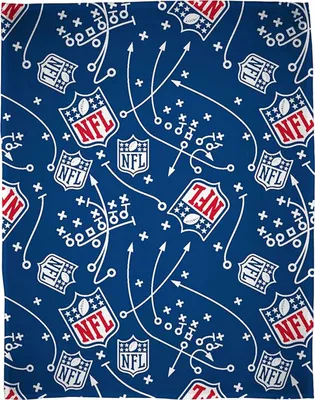 A pattern of NFL logos and football play diagrams on a blue background.