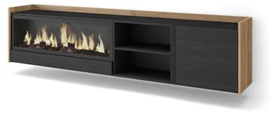 Image de Meuble tv effet bois noir et chêne 212x35x50cm cheminée effet feu XXL