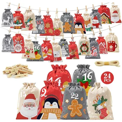 Produktbild von Adventskalender zum Befüllen 24 Säckchen Stoff Santa Claus 4 Größen 2025 DIY Weihnachtskalender