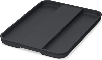 A dark gray plastic tray with a raised divider.