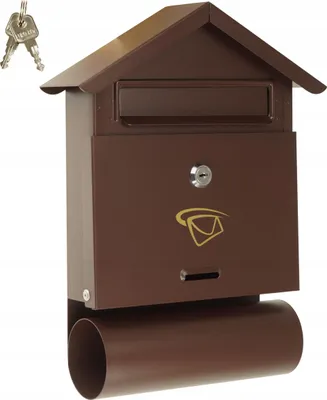 A brown mailbox with a newspaper holder and two keys.