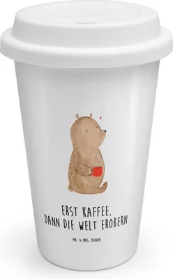 Produktbild von Mr. & Mrs. Panda Thermobecher Bär Kaffee - Weiß - Geschenk, To Go, Coffee, Teddy, becher, Bären, Thermokaffeebecher, Motivation, Kaffeebecher, Guten Morgen