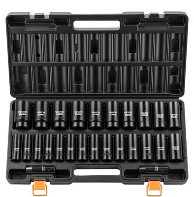 Image de VEVOR Jeu de Douilles à Choc 1/2", 26 PCS, Coffret de Douilles à Impact à 6 Pans, Métriques 10-30 mm, 32-36 mm, en Acier Allié Cr-V, avec Mallette de Rangement, pour Réparation Automobile, Brigolage