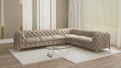 Produktbild von S-STYLE MÖBEL - Chesterfield Ecksofa Nova mit Goldene Metall Füßen aus Dunkle Creme Samtstoff -  Ottomane rechts, B/T/H: 323 cm/ 264 cm/ 75 cm