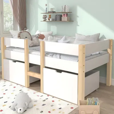Produktbild von Halbhohes Kinderbett 90x190cm mit Schublade und Rausfallschutz, Kiefer-Massivholz und MDF, Weiß Eiche, mit Lattenrost