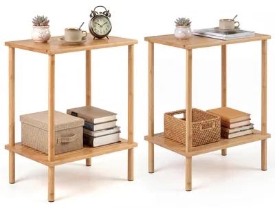 Produktbild von COSTWAY Beistelltisch-Set, 2-stufiger Bambus-Endtisch mit Ablageflächen, Tee- und Sofatisch, Akzenttisch, Kompakter Nachttisch, Eck-Couchtisch