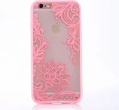 A pink lace-designed iPhone case is shown against a white background.