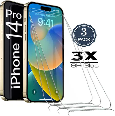 A product shot of iPhone 14 Pro screen protectors with marketing text and graphics.