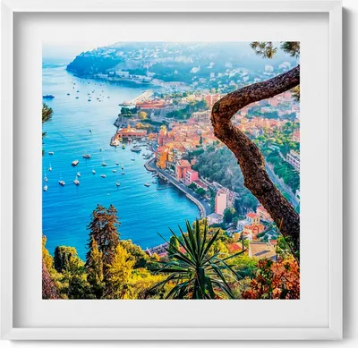 Produktbild von Dorf von Villefranche-sur-Mer– Wandbild mit Rahmen – Gerahmtes Bild  – Wanddekoration – 50x50 cm –  Weiß Rahmen