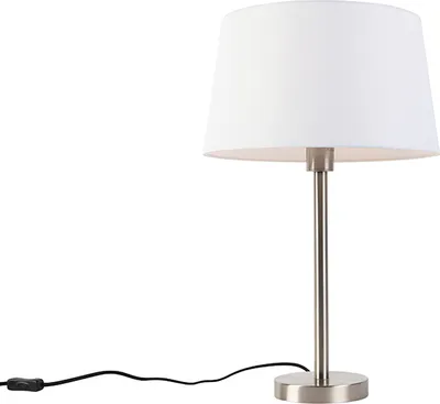 Produktbild von QAZQA - Moderne Tischlampe Stahl I Silber I nickel matt mit weißem Schirm 32 cm - Simplo I Wohnzimmer I Schlafzimmer - Textil Rund - LED geeignet E27