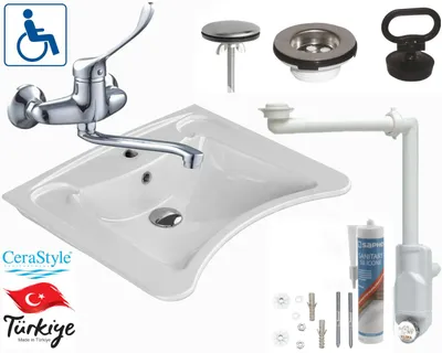 Immagine prodotto di Domotechnika | Lavabo per persone con disabilità - 63 x 50 x 20,5 cm - Bianco - Cerastyle - Include miscelatore da parete