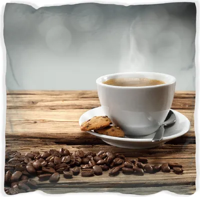 Produktbild von Wallario Premium Kissen, weiche Oberfläche, mit Motiv Heiße Tasse Kaffee mit Kaffeebohnen, Größe: 60 x 60 cm, mit weißer Rückseite