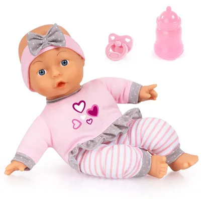 Produktbild von Bayer Design 93003AD Babypuppe, Kuschelpuppe, Spielpuppe, weicher Körper, mit Schnuller und Flasche, 30 cm