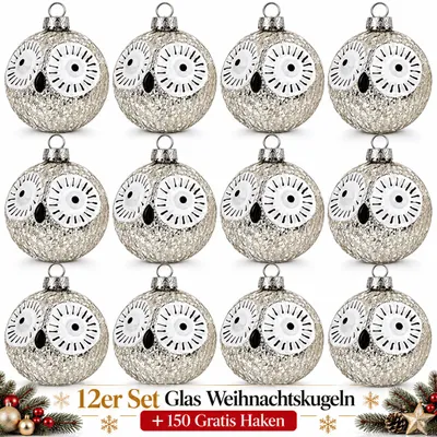 Produktbild von Weihnachtskugeln Glas 12er Set Christbaumkugeln Baumschmuck Kugeln Eulen Silber